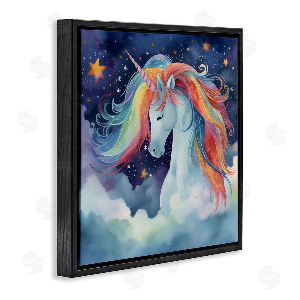Creative Studio Rainbow Mane Unicorn in Clouds Black Floating Frame Canvas Wall Art Print