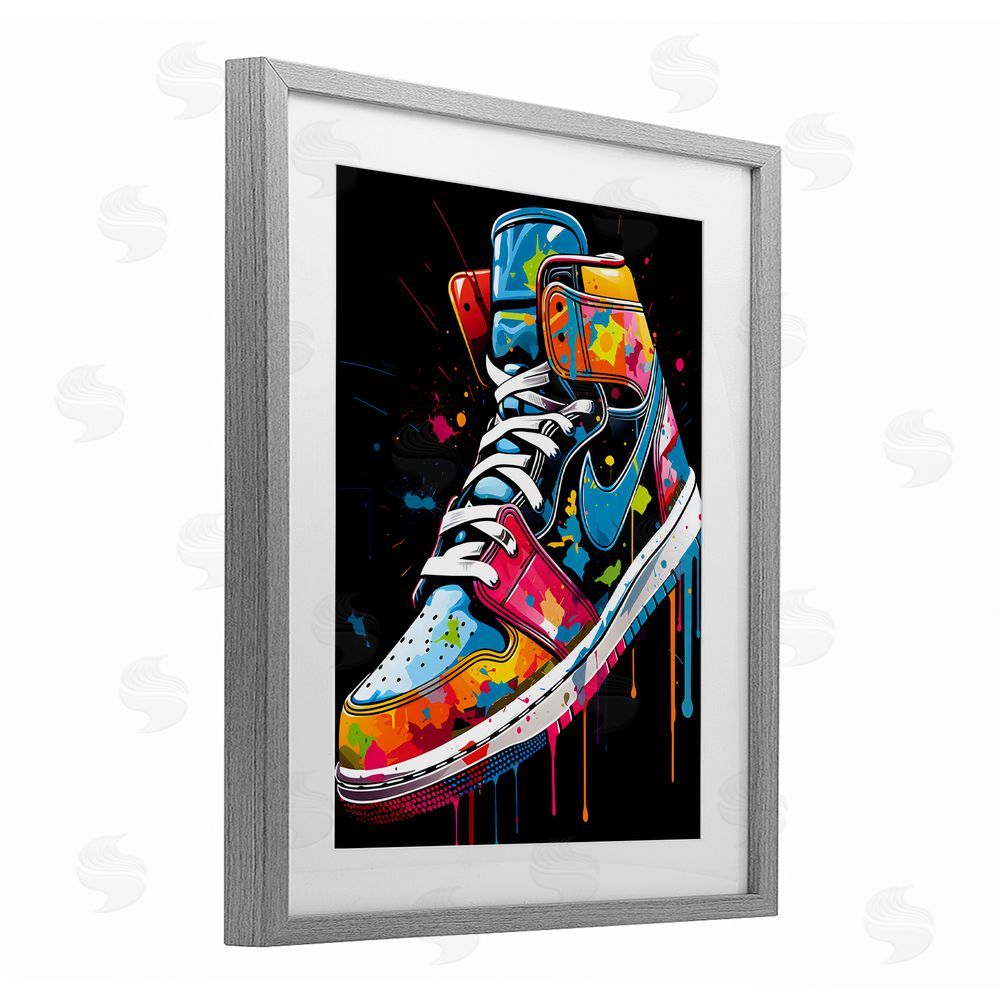 Creative Studio Graffiti Sneaker on Black Gray Framed Print Under Glass with Mat Wall Art