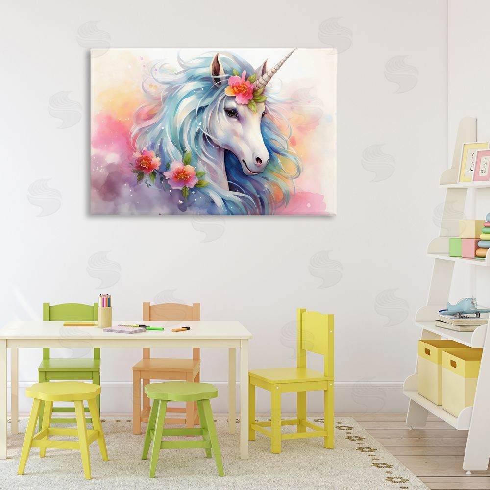 Creative Studio Magical Unicorn with Blossoms Stretched Canvas Wall Art in Room