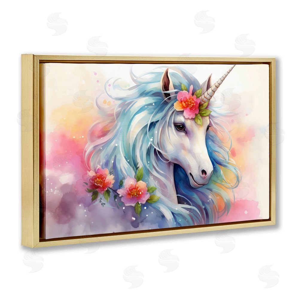 Creative Studio Magical Unicorn with Blossoms Gold Floating Frame Canvas Wall Art