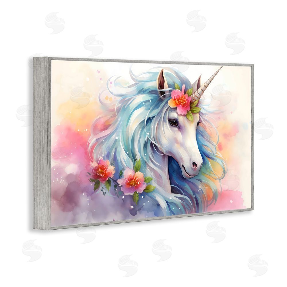 Creative Studio Magical Unicorn with Blossoms Gray Framed Giclee Wall Art Print