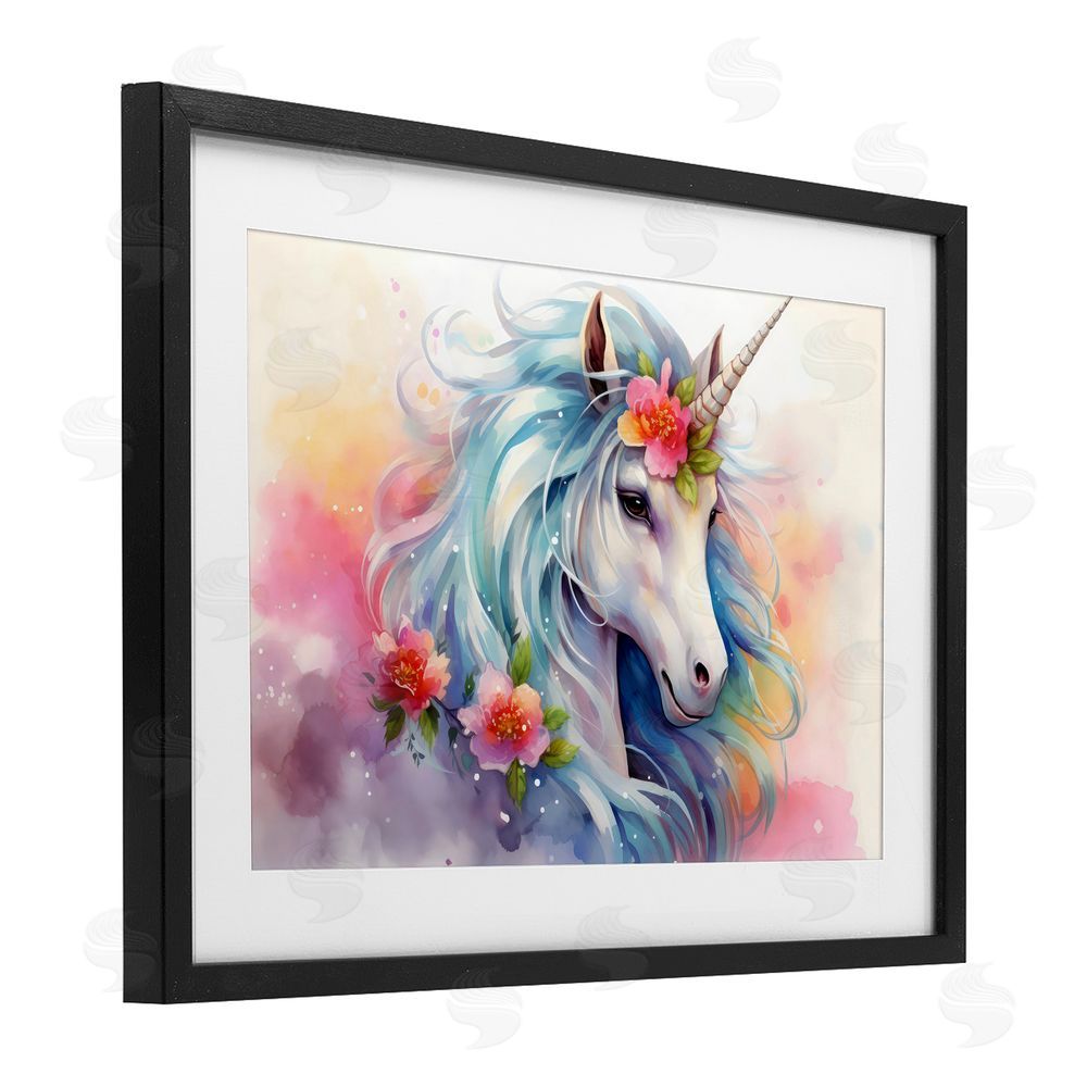 Creative Studio Magical Unicorn with Blossoms Black Framed Print Under Glass with Mat Wall Art