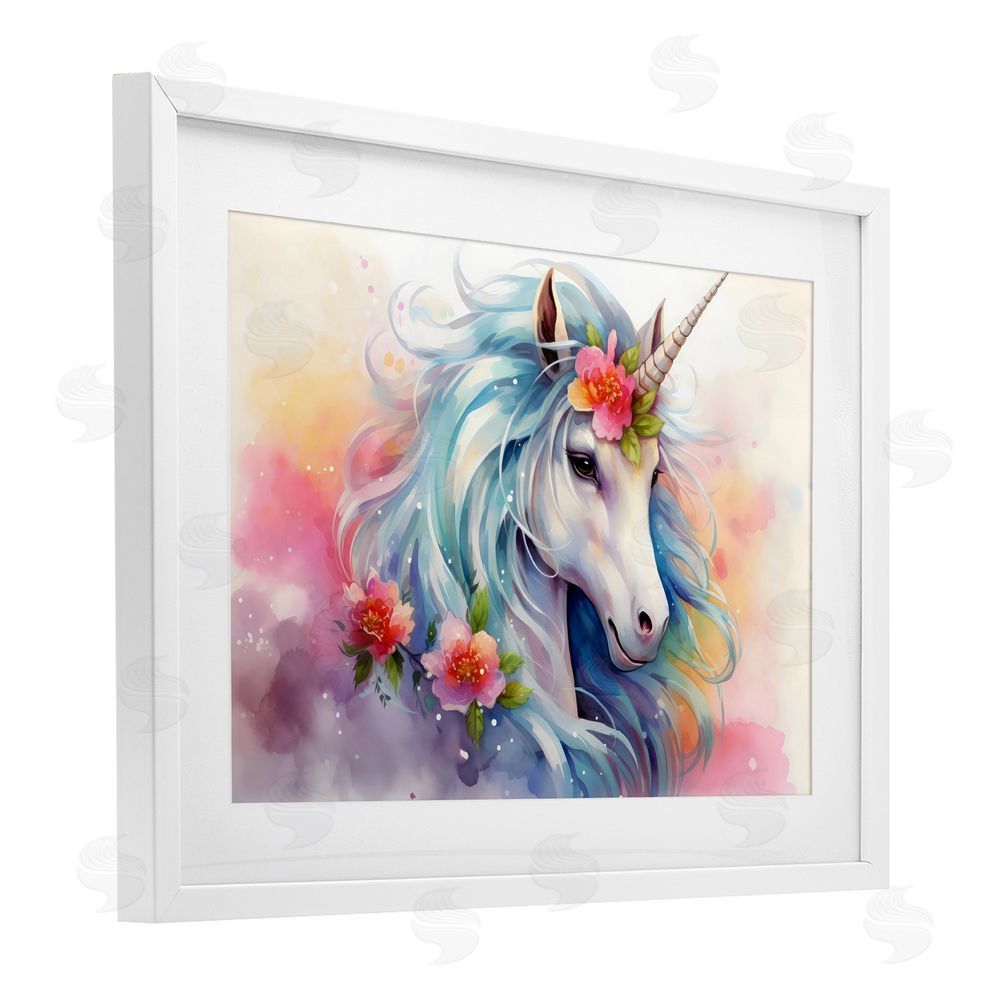 Creative Studio Magical Unicorn with Blossoms White Framed Print Under Glass with Mat Wall Art