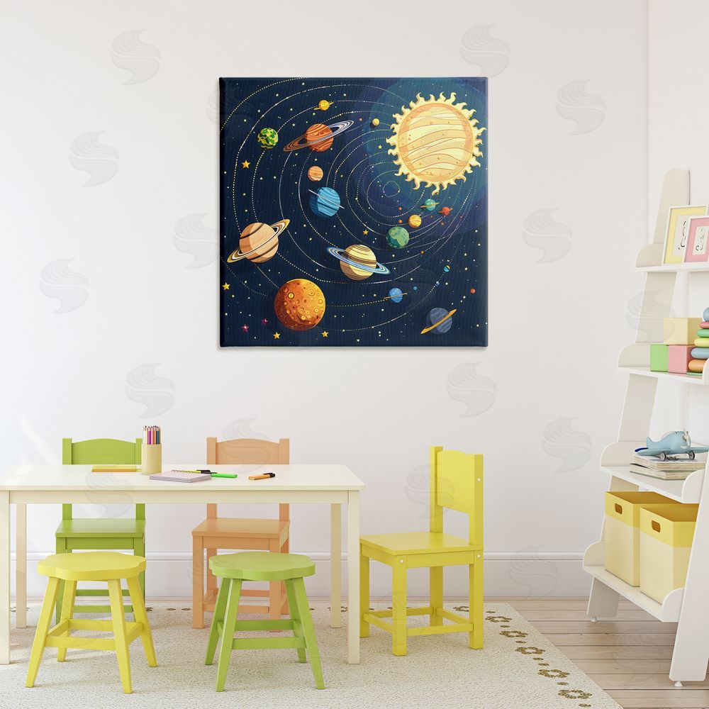Creative Studio Planets Around The Sun Stretched Canvas Wall Art Print in Room