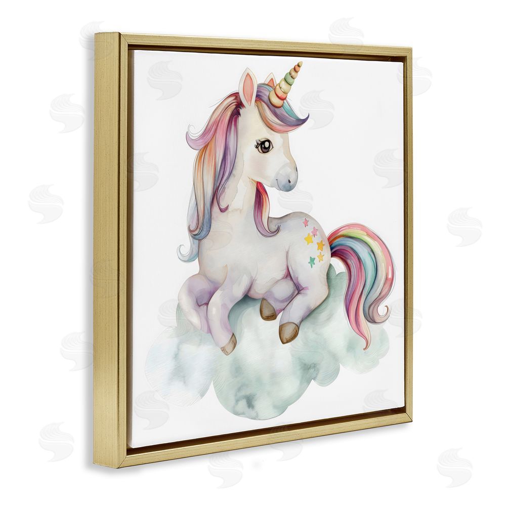 Creative Studio Rainbow Unicorn on Cloud Gold Floating Frame Canvas Wall Art Print