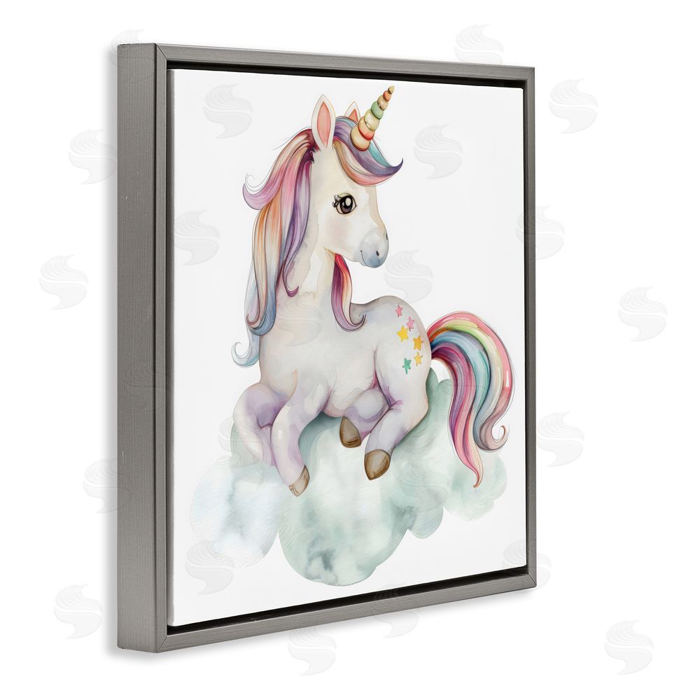 Creative Studio Rainbow Unicorn on Cloud Gray Floating Frame Canvas Wall Art Print