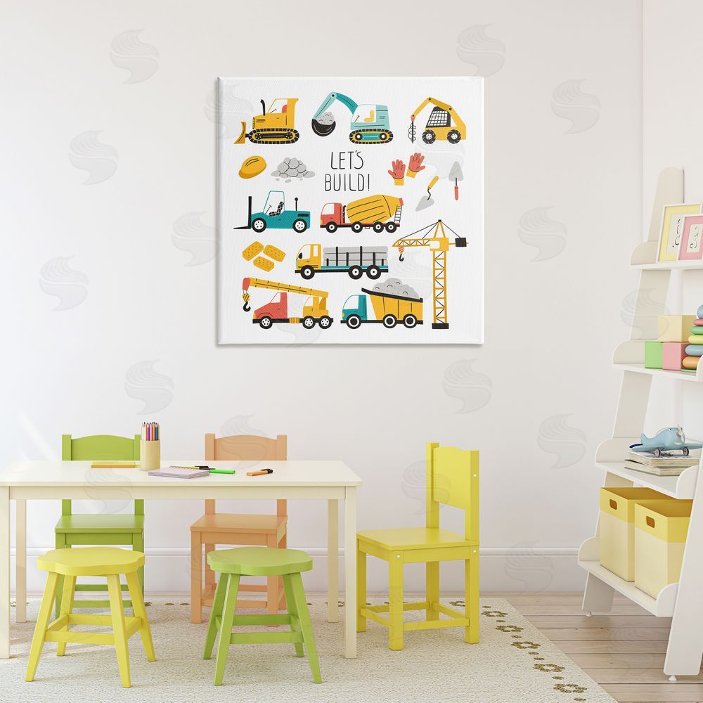 Creative Studio Let's Build Various Construction Trucks Stretched Canvas Wall Art in Room
