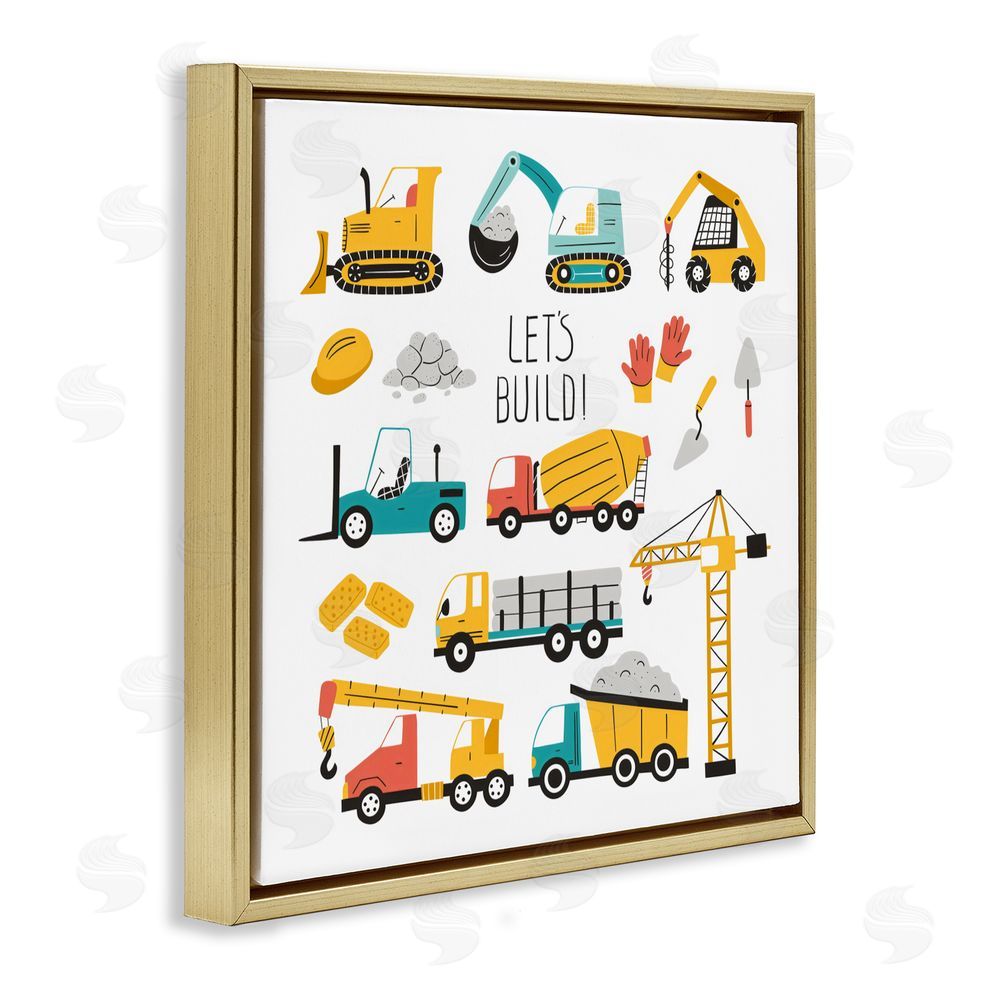 Creative Studio Let's Build Various Construction Trucks Gold Floating Frame Canvas Wall Art