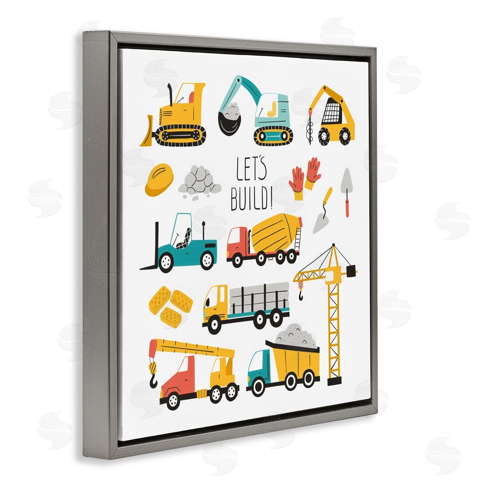 Creative Studio Let's Build Various Construction Trucks Gray Floating Frame Canvas Wall Art
