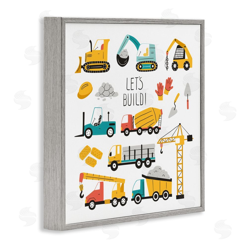 Creative Studio Let's Build Various Construction Trucks Gray Framed Giclee Wall Art Print