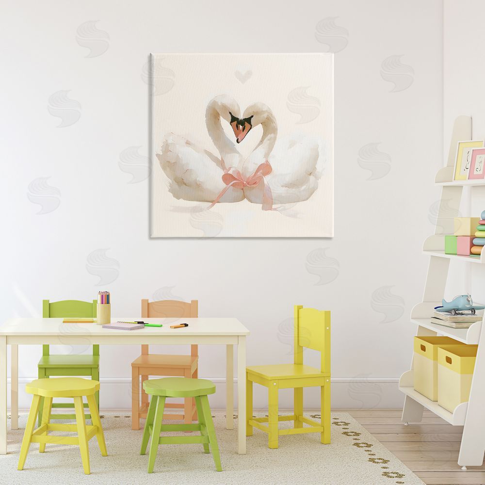 Creative Studio Swan Pair with Bow Stretched Canvas Wall Art Print in Room