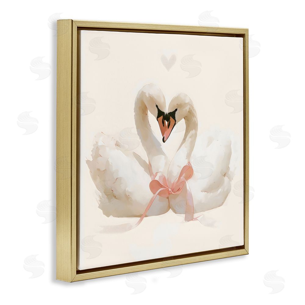 Creative Studio Swan Pair with Bow Gold Floating Frame Canvas Wall Art Print