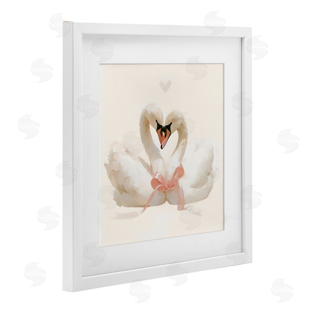 Creative Studio Swan Pair with Bow White Framed Print Under Glass Wall Art