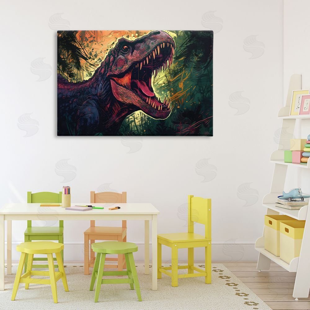 Creative Studio Dark Roaring T-Rex Stretched Canvas Wall Art in Room