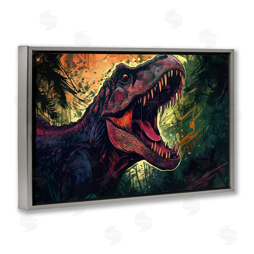 Creative Studio Dark Roaring T-Rex Gray Floating Frame Canvas Wall Art