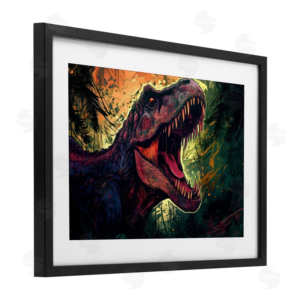 Creative Studio Dark Roaring T-Rex Black Framed Print Under Glass with Mat Wall Art