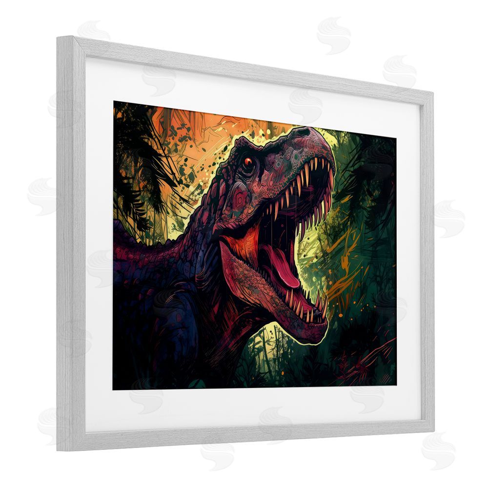 Creative Studio Dark Roaring T-Rex Gray Framed Print Under Glass with Mat Wall Art