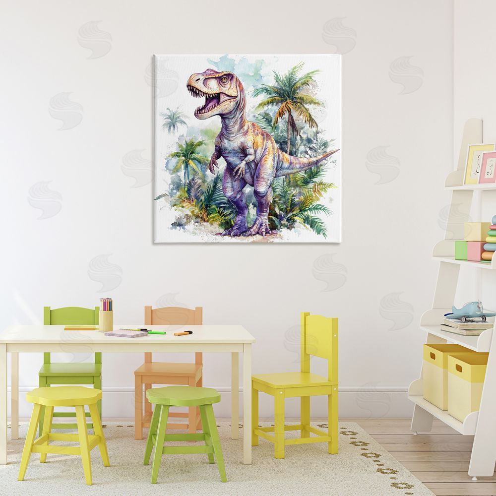 Creative Studio T-Rex Among Palm Trees Stretched Canvas Wall Art Print in Room