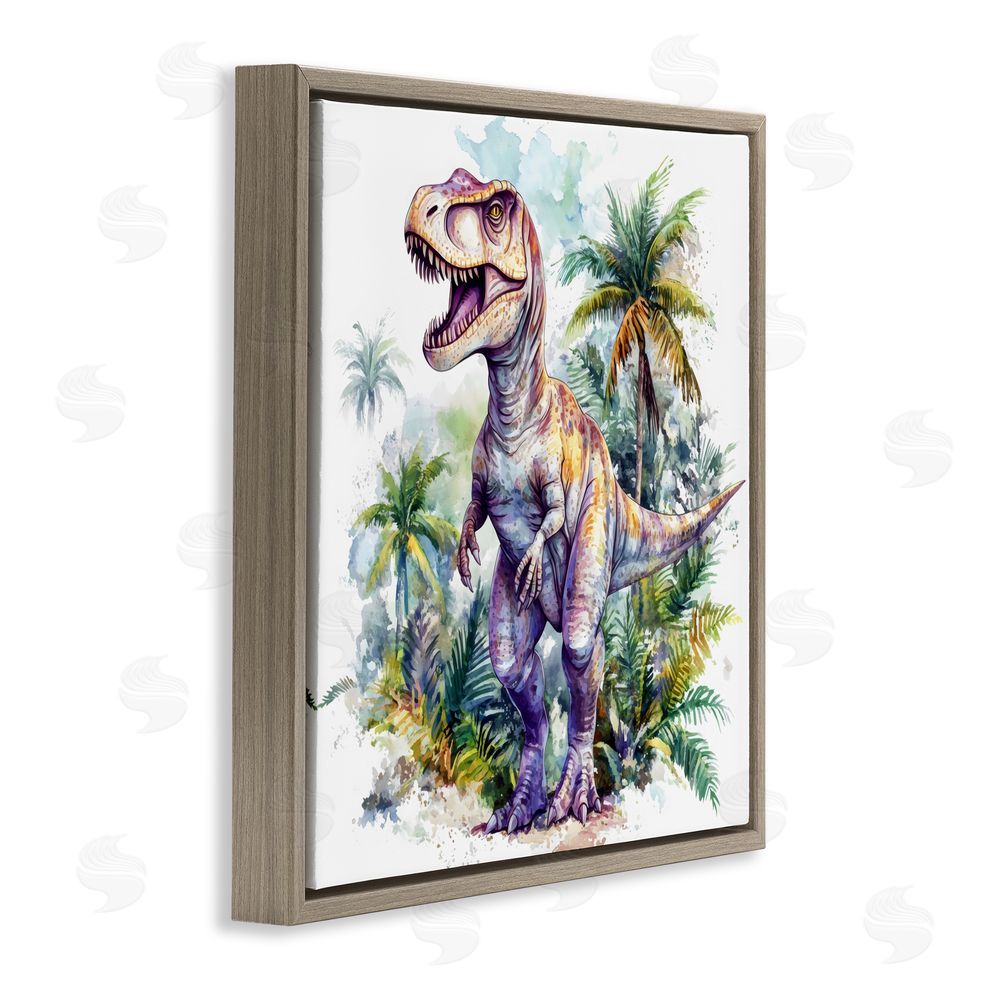 Creative Studio T-Rex Among Palm Trees Brown Floating Frame Canvas Wall Art Print