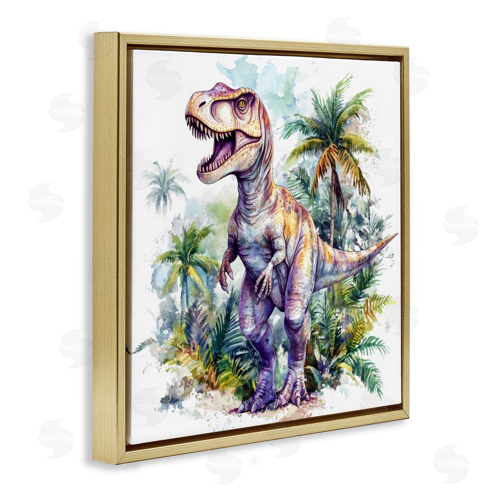 Creative Studio T-Rex Among Palm Trees Gold Floating Frame Canvas Wall Art Print