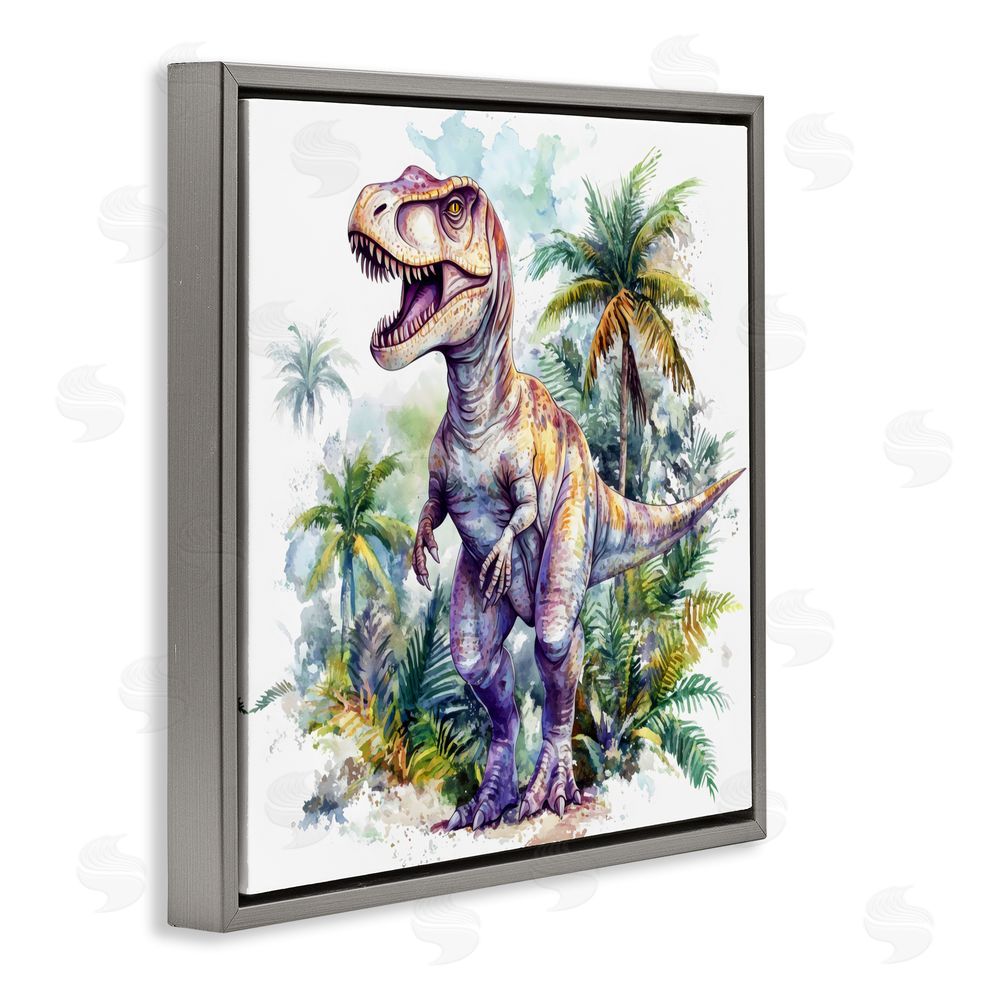 Creative Studio T-Rex Among Palm Trees Gray Floating Frame Canvas Wall Art Print