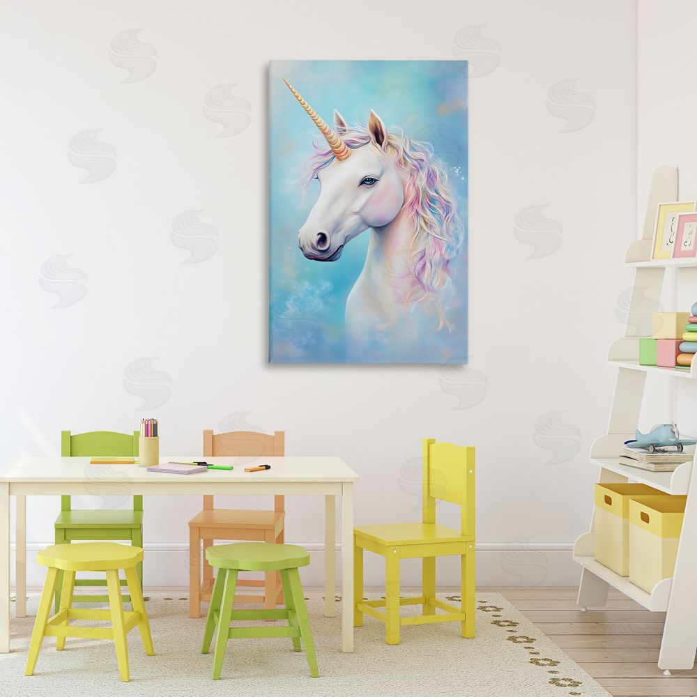 Creative Studio White Unicorn on Blue Stretched Canvas Wall Art Print in Room
