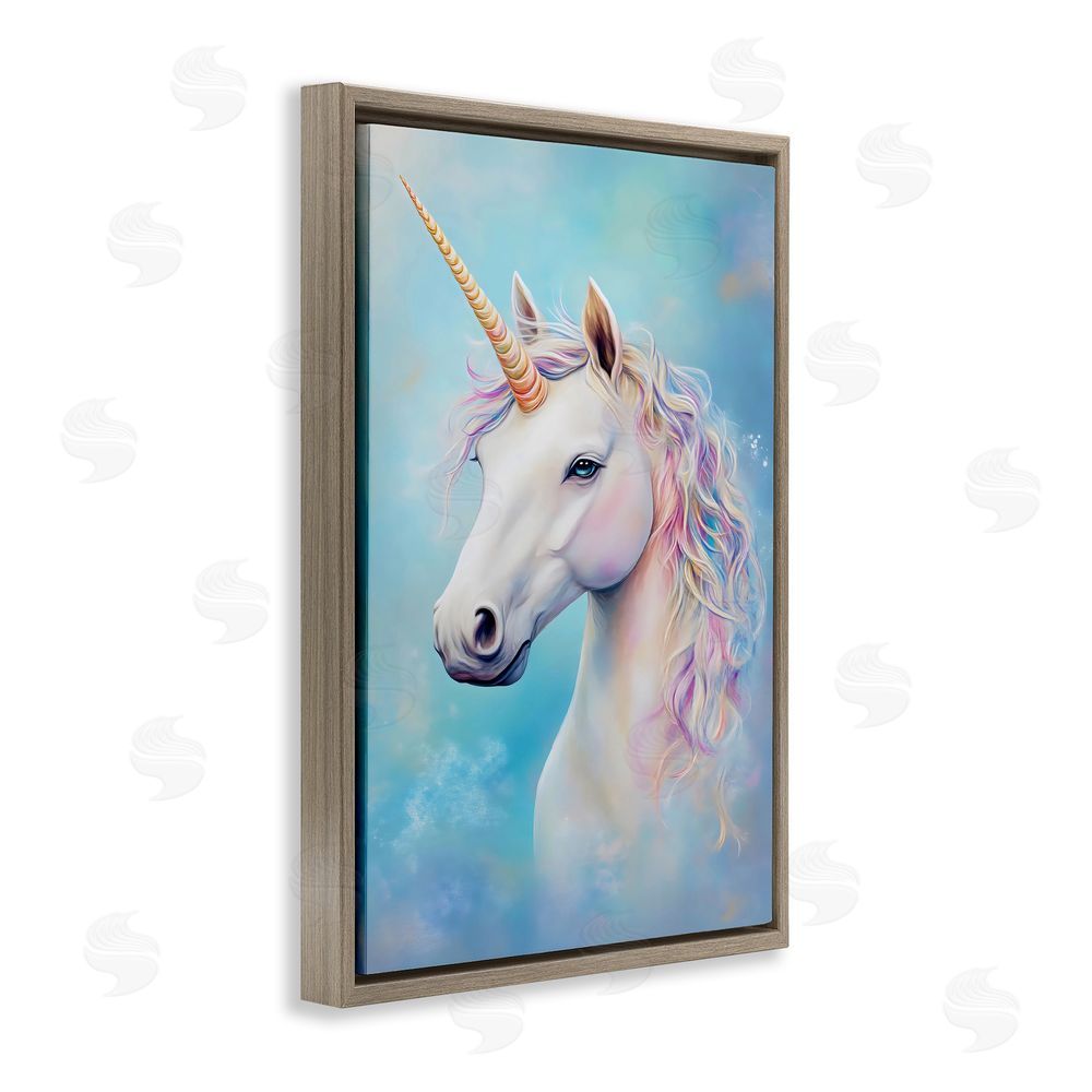 Creative Studio White Unicorn on Blue Brown Floating Frame Canvas Wall Art Print
