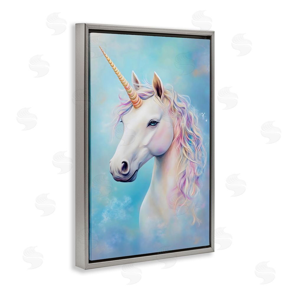 Creative Studio White Unicorn on Blue Gray Floating Frame Canvas Wall Art Print