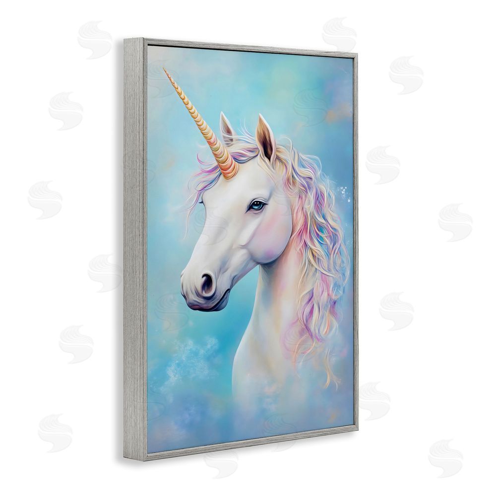 Creative Studio White Unicorn on Blue Gray Framed Giclee Wall Art Print