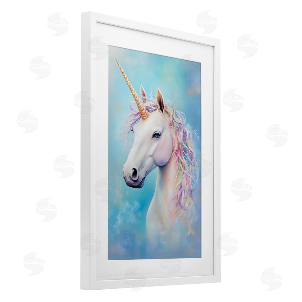 Creative Studio White Unicorn on Blue White Framed Print Under Glass Wall Art