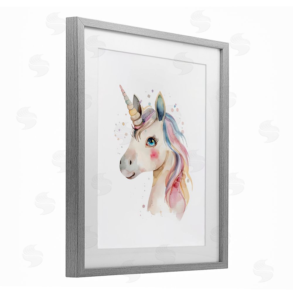 LSR Design Studio Dreamy Pastel Unicorn Gray Framed Print Under Glass with Mat Wall Art