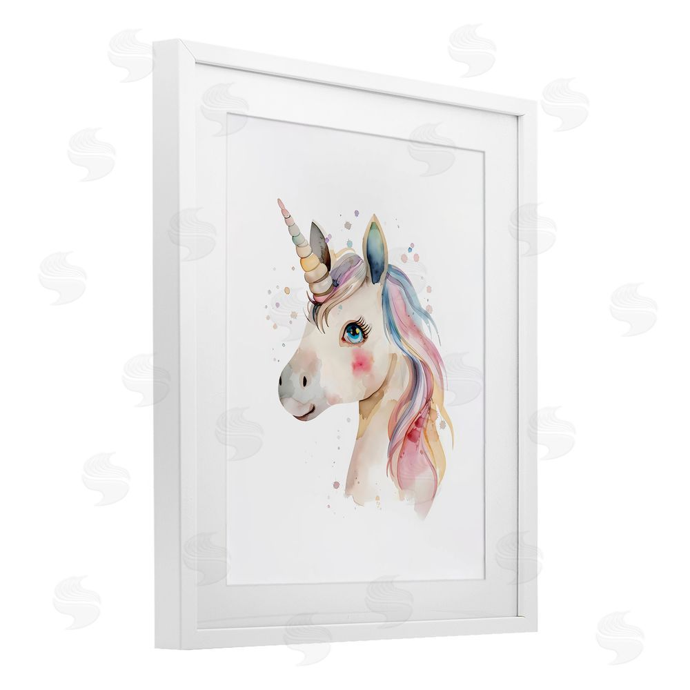LSR Design Studio Dreamy Pastel Unicorn White Framed Print Under Glass with Mat Wall Art