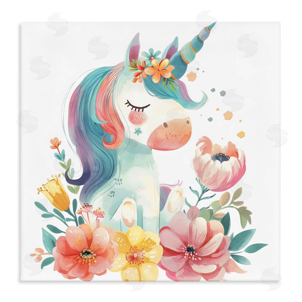 Creative Studio Whimsical Unicorn with Blossoms Stretched Canvas Wall Art Print
