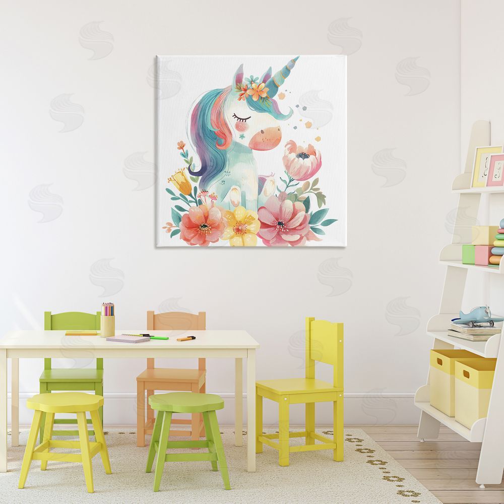 Creative Studio Whimsical Unicorn with Blossoms Stretched Canvas Wall Art Print in Room