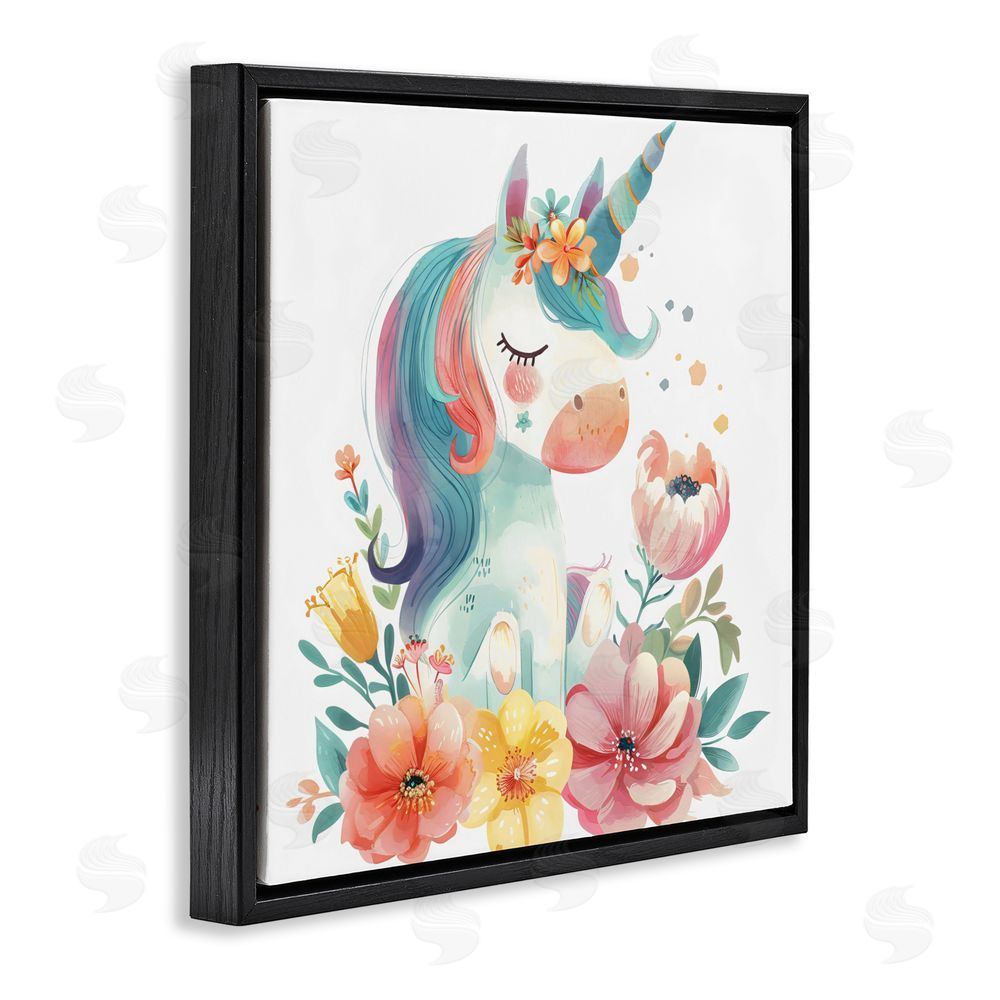 Creative Studio Whimsical Unicorn with Blossoms Black Floating Frame Canvas Wall Art Print
