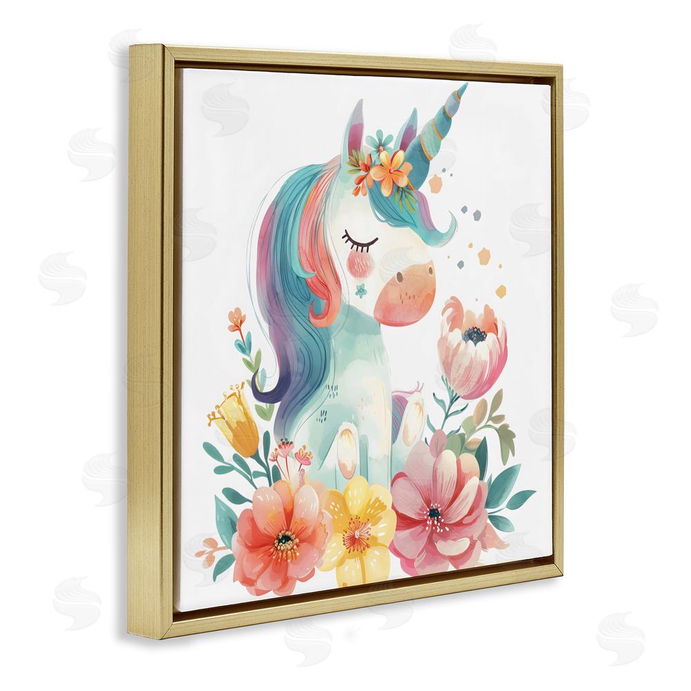 Creative Studio Whimsical Unicorn with Blossoms Gold Floating Frame Canvas Wall Art Print