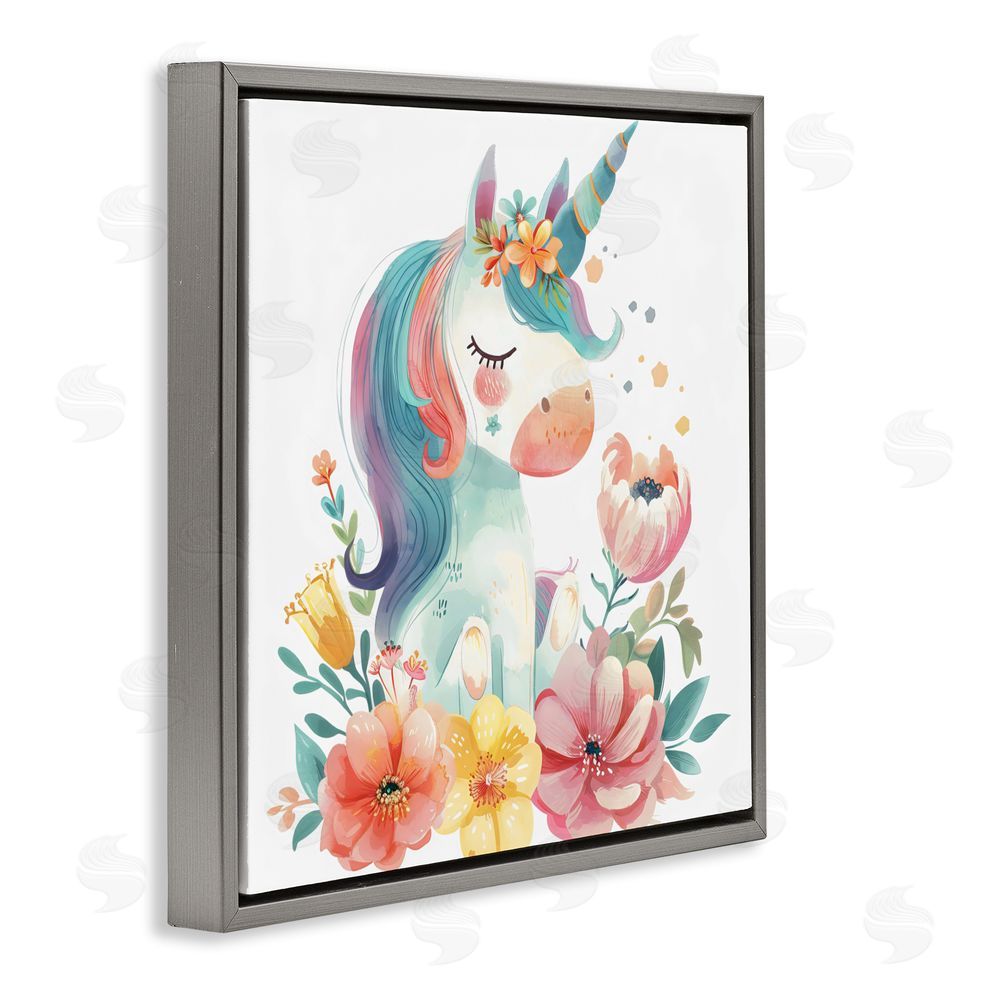Creative Studio Whimsical Unicorn with Blossoms Gray Floating Frame Canvas Wall Art Print