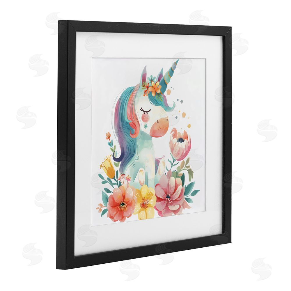 Creative Studio Whimsical Unicorn with Blossoms Black Framed Print Under Glass Wall Art