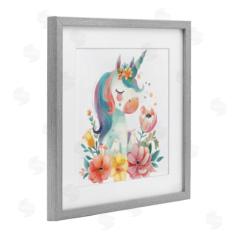 Creative Studio Whimsical Unicorn with Blossoms Gray Framed Print Under Glass Wall Art