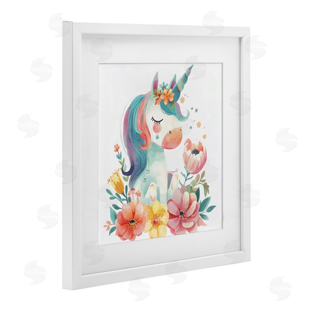 Creative Studio Whimsical Unicorn with Blossoms White Framed Print Under Glass Wall Art
