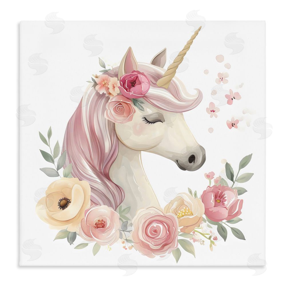 Creative Studio Unicorn with Floral Wreath Stretched Canvas Wall Art Print