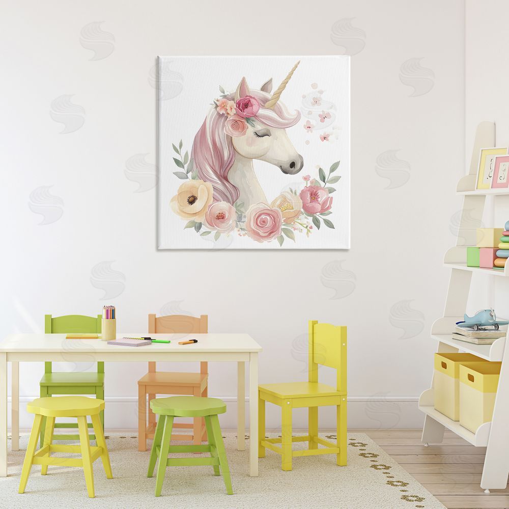 Creative Studio Unicorn with Floral Wreath Stretched Canvas Wall Art Print in Room