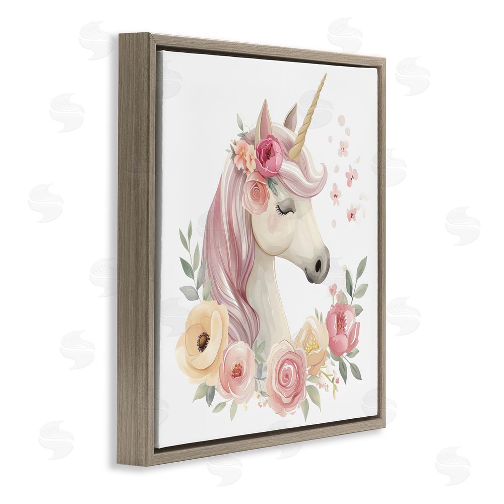 Creative Studio Unicorn with Floral Wreath Brown Floating Frame Canvas Wall Art Print