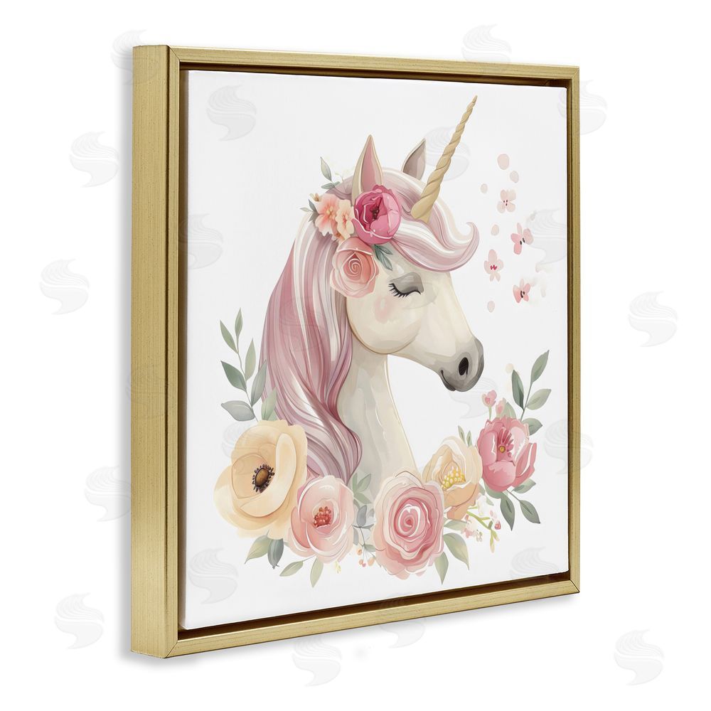 Creative Studio Unicorn with Floral Wreath Gold Floating Frame Canvas Wall Art Print