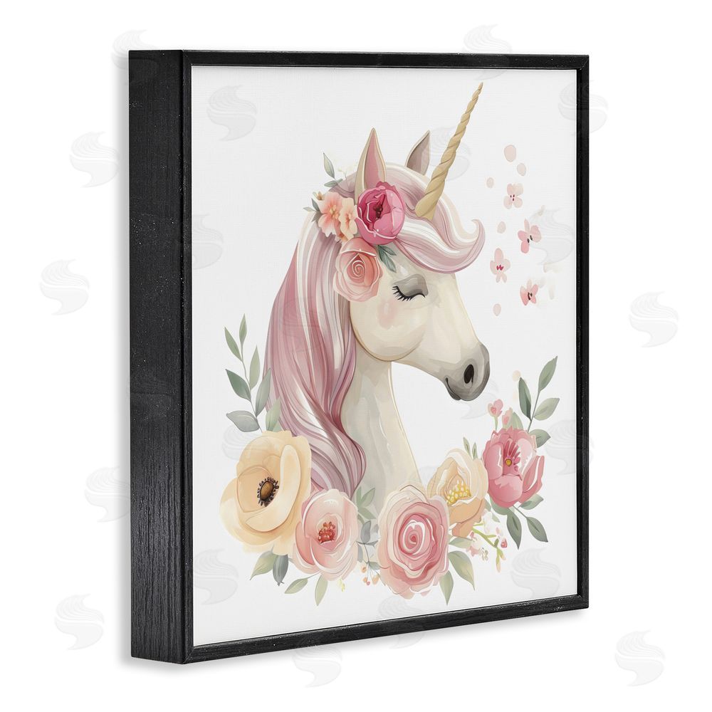 Creative Studio Unicorn with Floral Wreath Black Framed Giclee Wall Art Print
