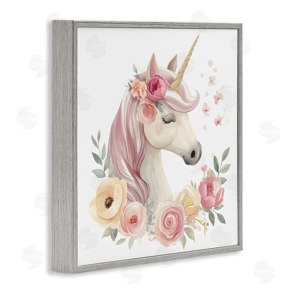 Creative Studio Unicorn with Floral Wreath Gray Framed Giclee Wall Art Print