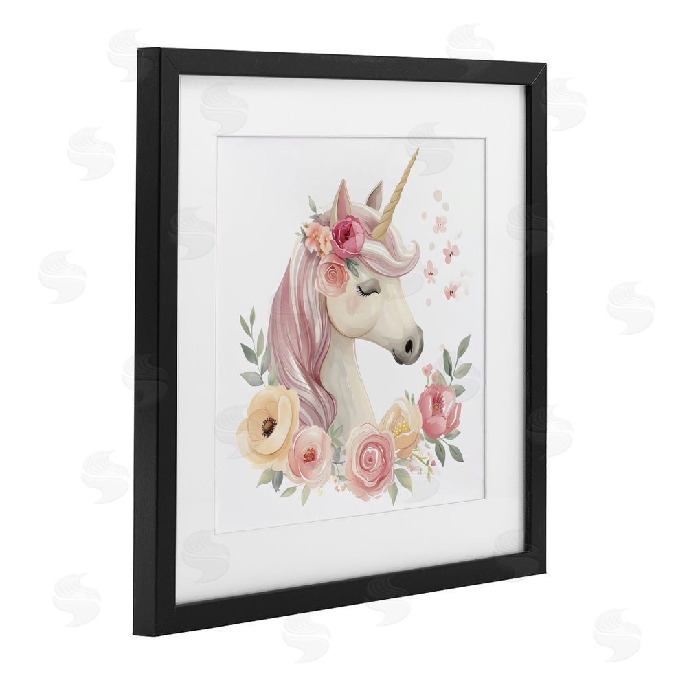 Creative Studio Unicorn with Floral Wreath Black Framed Print Under Glass Wall Art