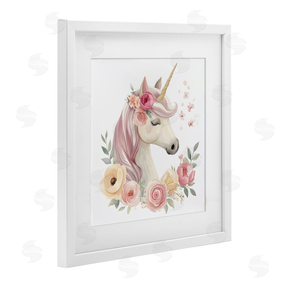 Creative Studio Unicorn with Floral Wreath White Framed Print Under Glass Wall Art