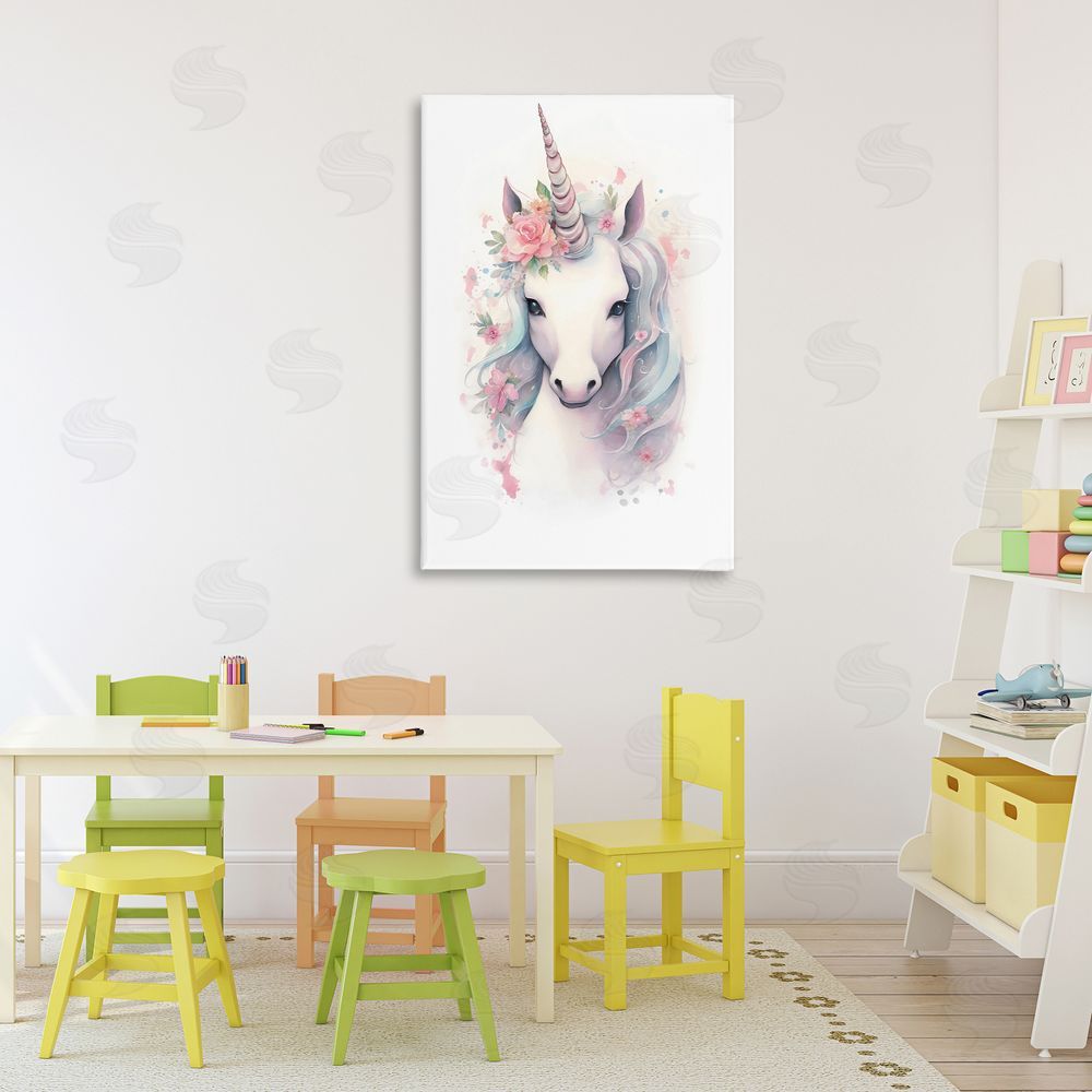 Creative Studio Unicorn with Pink Flower Crown Stretched Canvas Wall Art Print in Room