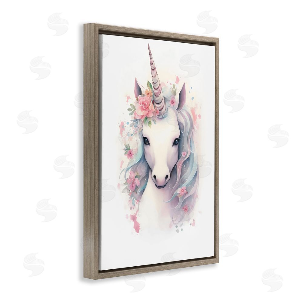 Creative Studio Unicorn with Pink Flower Crown Brown Floating Frame Canvas Wall Art Print